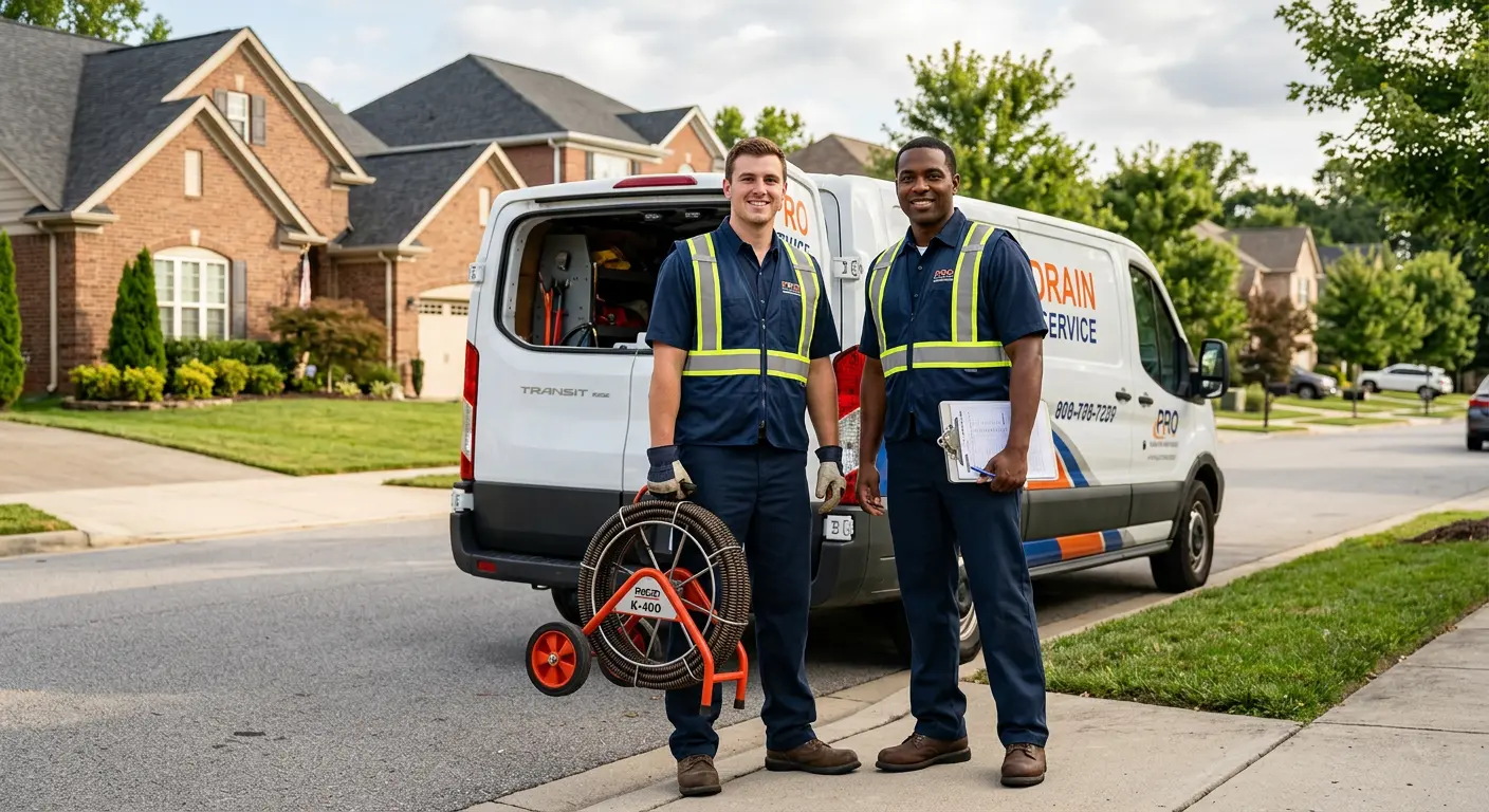 Sewer and drain service team with equipment ready for work in Struthers