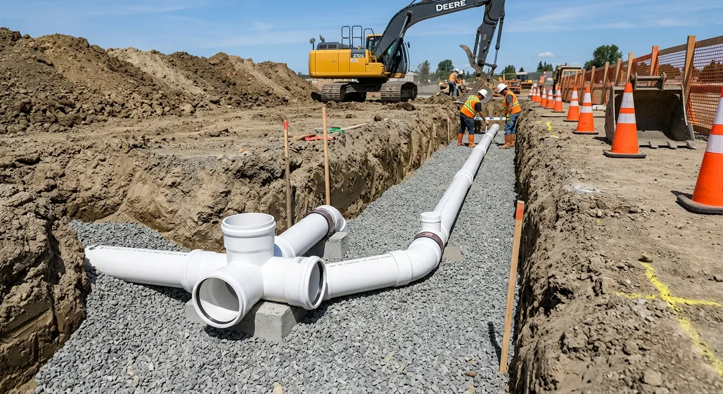 New PVC sewer pipe installation in open trench for Sewer Backup in Struthers