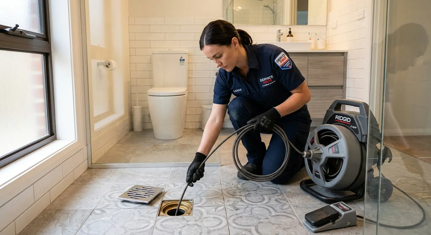 Technician clearing a bathroom floor drain for Hydro Jetting in Struthers